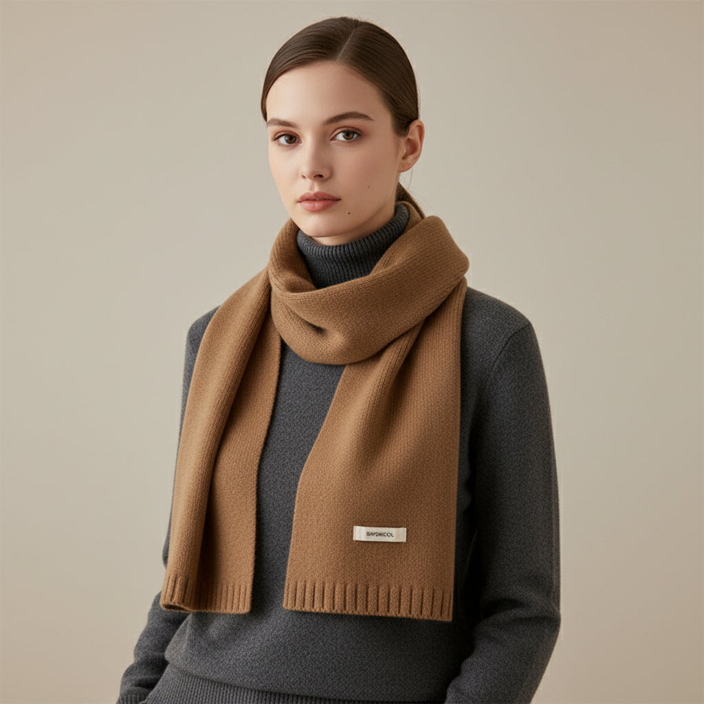 Brown scarf with a brand label on a white background