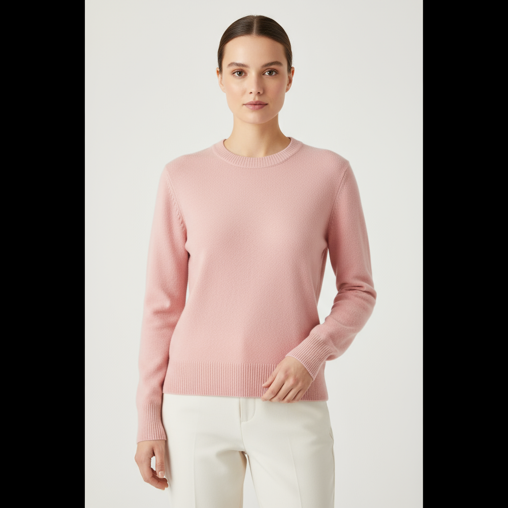Woman wearing a pink sweater and white pants on a light gray background